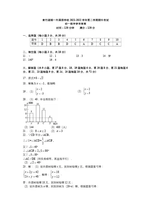 湖南省长沙市青竹湖湘一外国语学校2021-2022学年七年级下学期期中考试数学试题(答案)