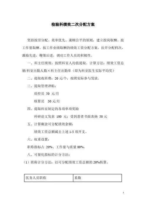 检验科绩效二次分配方案(医院) 2