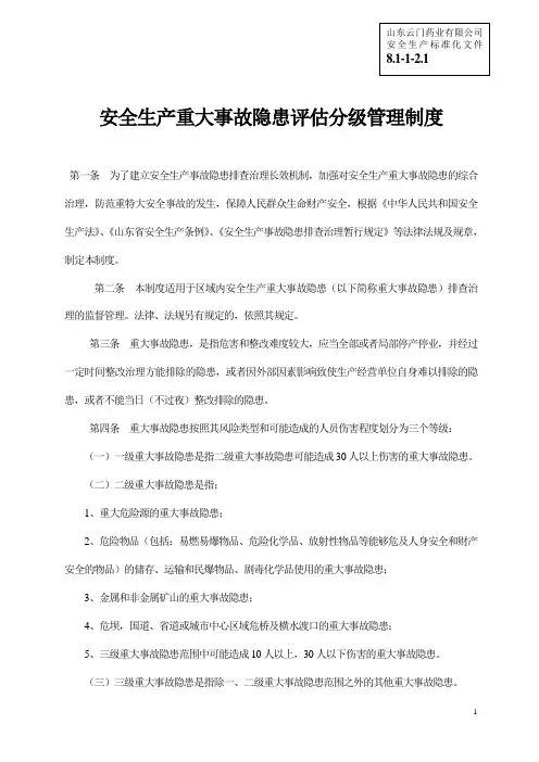 (安全生产标准化资料8.1-1-2.1安全生产重大隐患评估分级管理制度