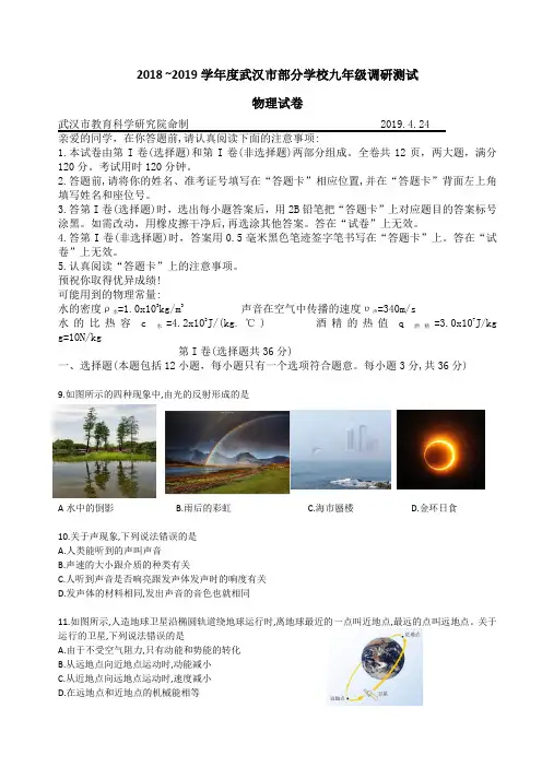 2019年武汉市中考物理四月调考物理试题