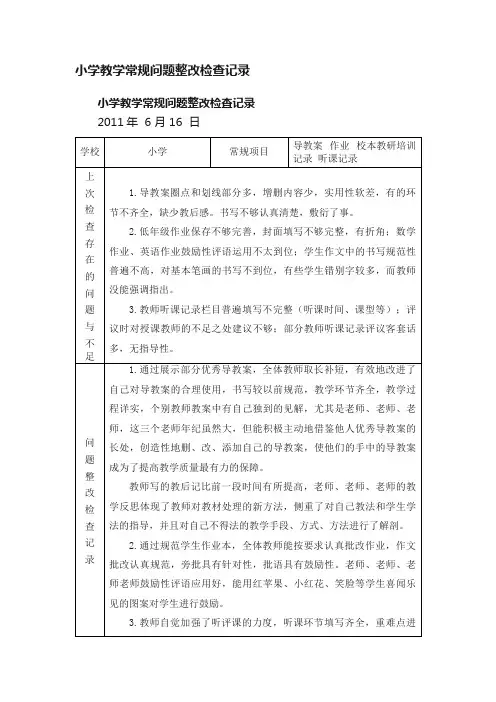 小学教学常规问题整改检查记录
