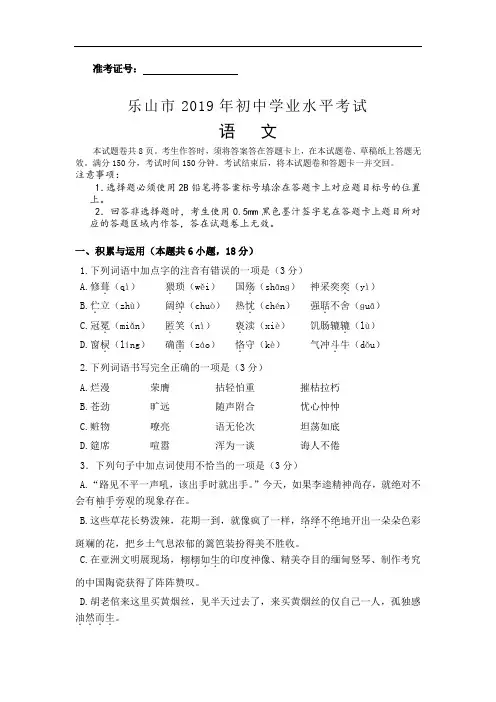 四川省乐山市2019年中考语文试题(含答案)