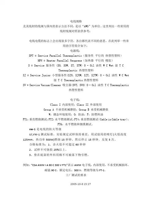 AWG美标电线规格 2