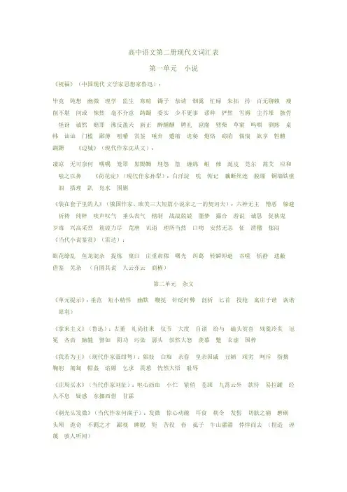 高中语文第二册现代文词汇表