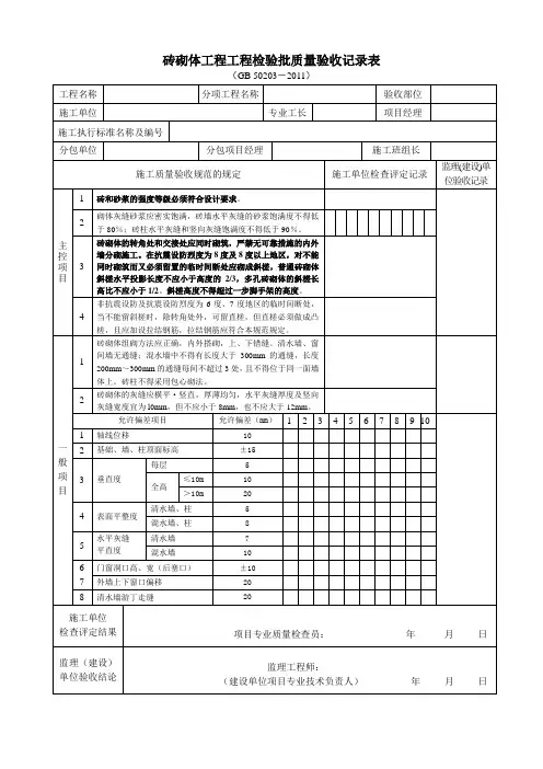 《砌体结构工程施工质量验收规范》(GB50203-2011)检验批质量验收记录用表