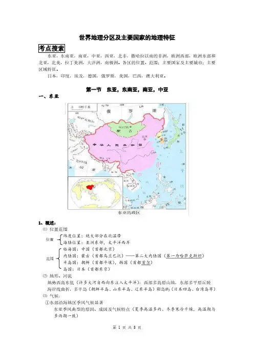高中地理知识点复习：东亚,东南亚,南亚,中亚