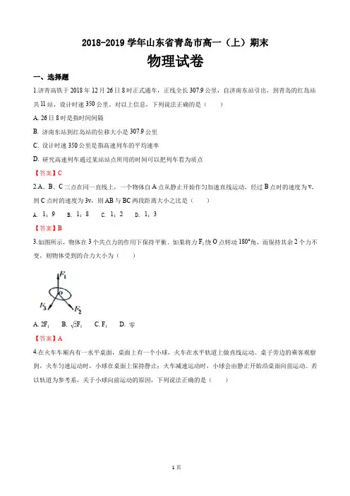 2018-2019学年山东省青岛市高一上学期期末考试物理试卷(word版)