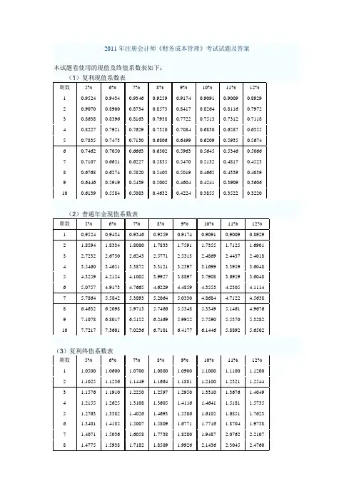 2011年注册会计师《财务成本管理》考试真题及答案