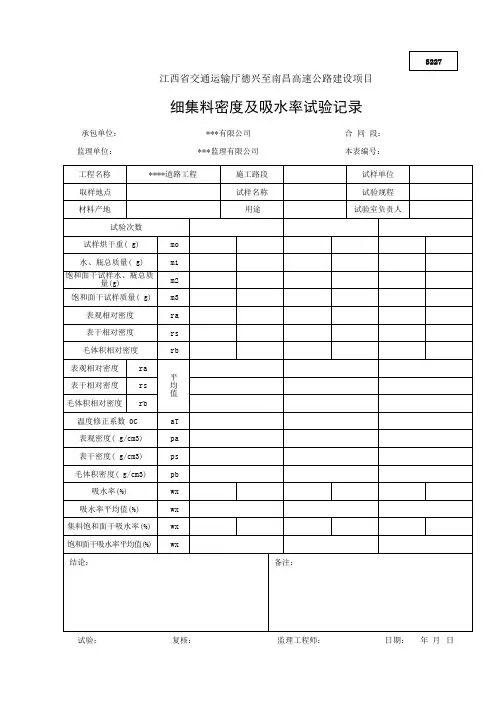 细集料密度及吸水率试验记录
