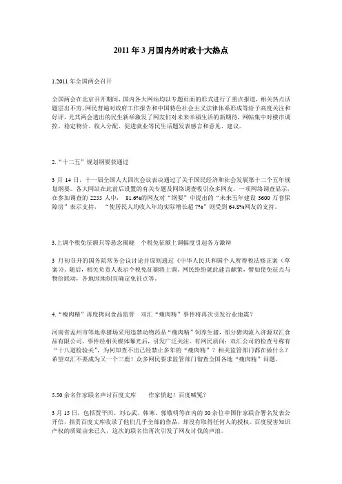 2011年3月国内外时政十大热点