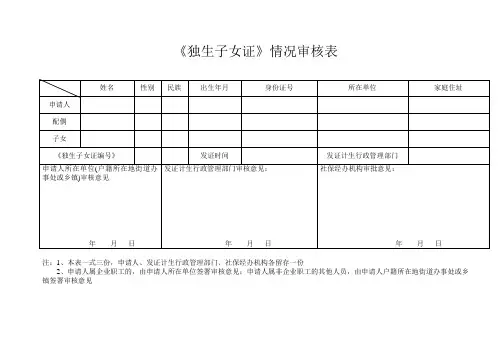 《独生子女证》情况审核表