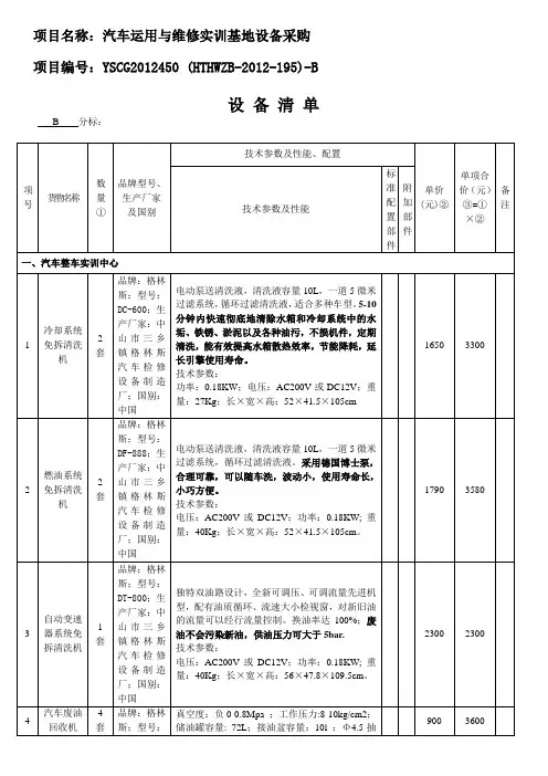 汽修设备清单汇总