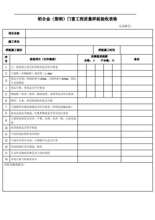 样板验收15.铝合金(塑钢)门窗工程质量样板验收表格