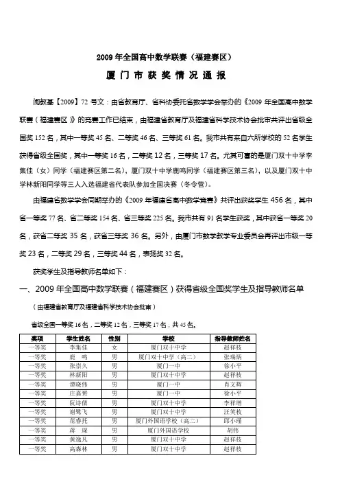 2009年全国高中数学联赛(福建赛区)