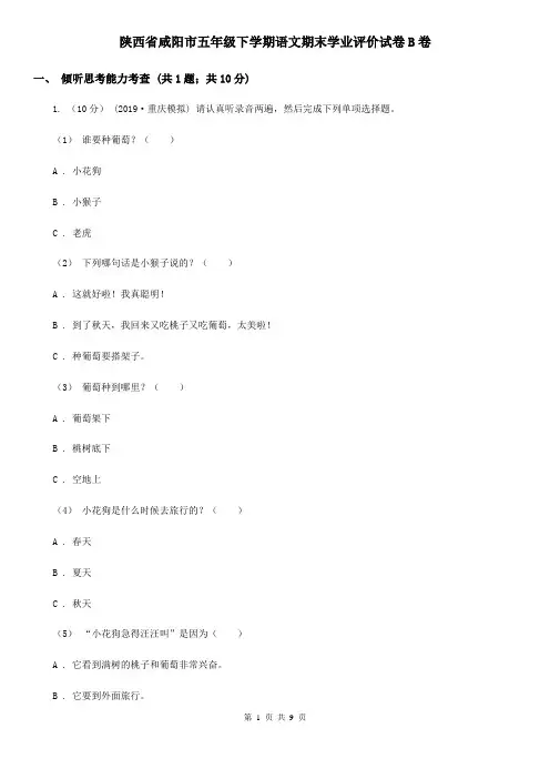 陕西省咸阳市五年级下学期语文期末学业评价试卷B卷