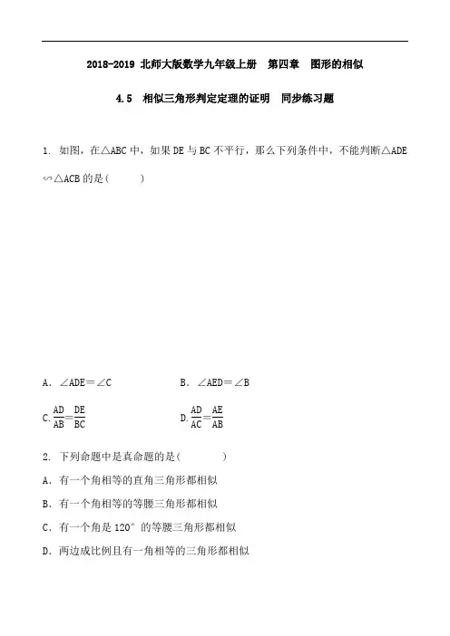 2018-2019 北师大版数学九年级上册  第四章 图形的相似 4.5 相似三角形判定定理的证明  同步练习题及答案
