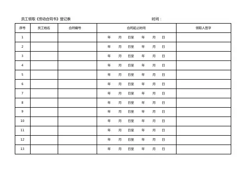 员工领取《劳动合同书》登记表