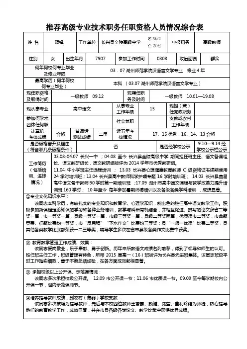 推荐高级专业技术职务任职资格人员情况综合表