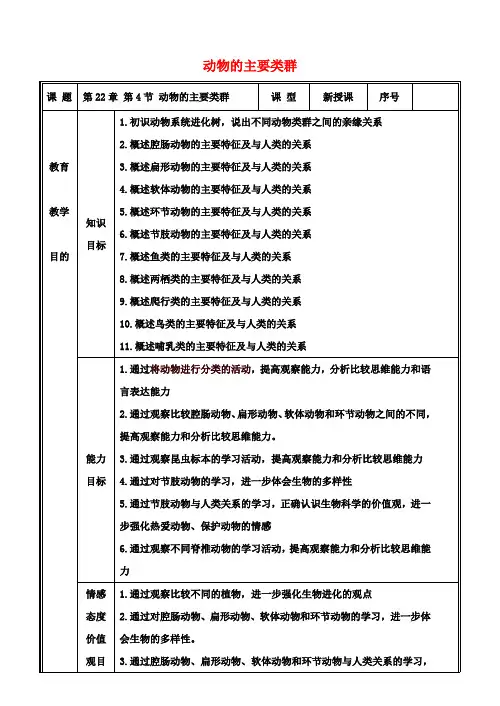 八年级生物下册22.4动物的主要类群教案(新版)北师大版