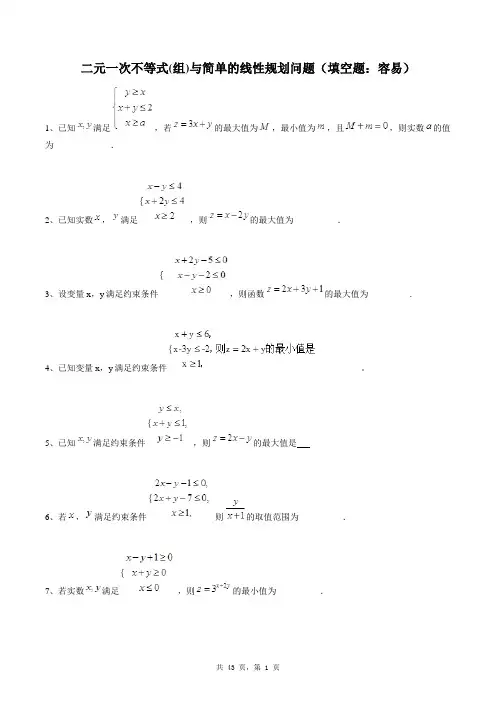 高中数学必修五同步练习题库：二元一次不等式(组)与简单的线性规划问题(填空题：容易)