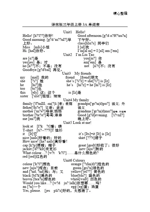 江苏译林版小学三年级四年级五年级六年级英语单词表(附音标)