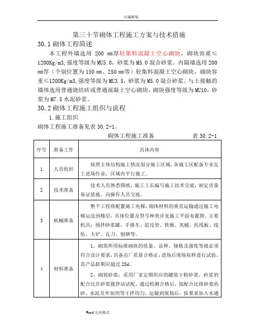砌体工程施工设计方案与技术措施方案