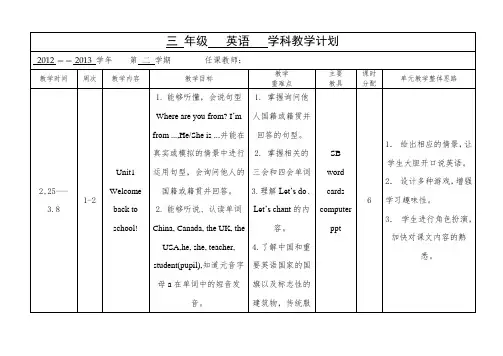 2012新pep三年级下册英语学科教学计划 2
