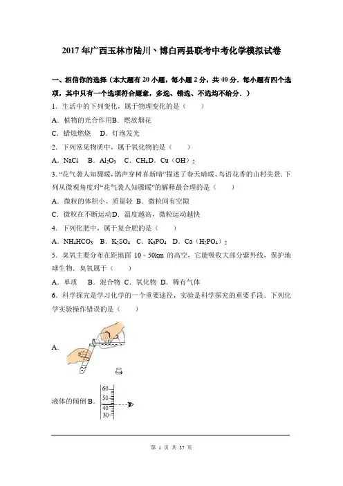 最新广西玉林市陆川丶博白两县联考中考化学模拟试卷(解析版)