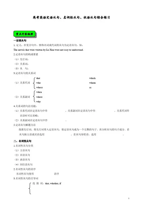 精选高中英语三大从句总结+练习