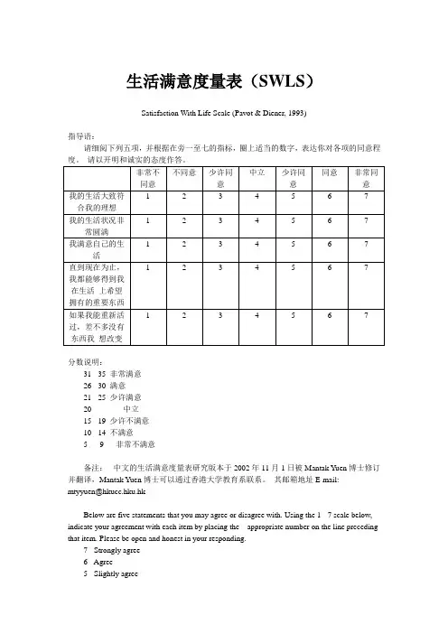生活满意度量表(SWLS)