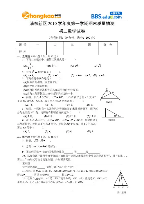 浦东新区2010学年度第一学期期末质量抽测初二数学试卷(含答案)