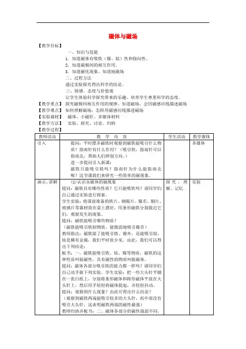 九年级物理下册 16.1 磁体与磁场教案 (新版)苏科版