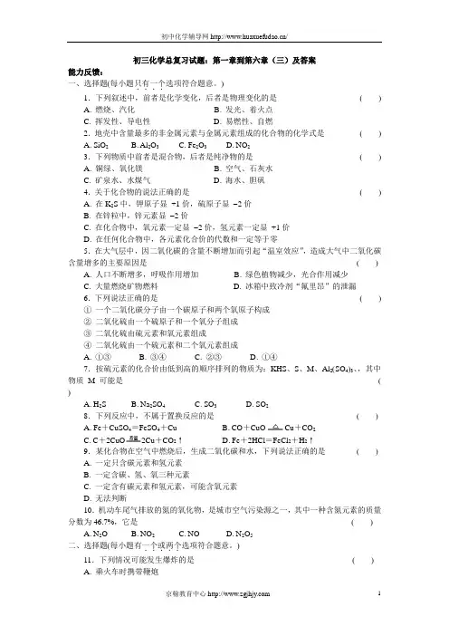 初三化学总复习试题及答案