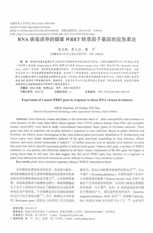 RNA病毒诱导的烟草WRKY转录因子基因的应急表达1