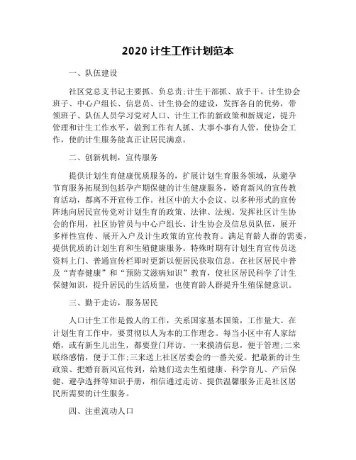 2020计生工作计划范本