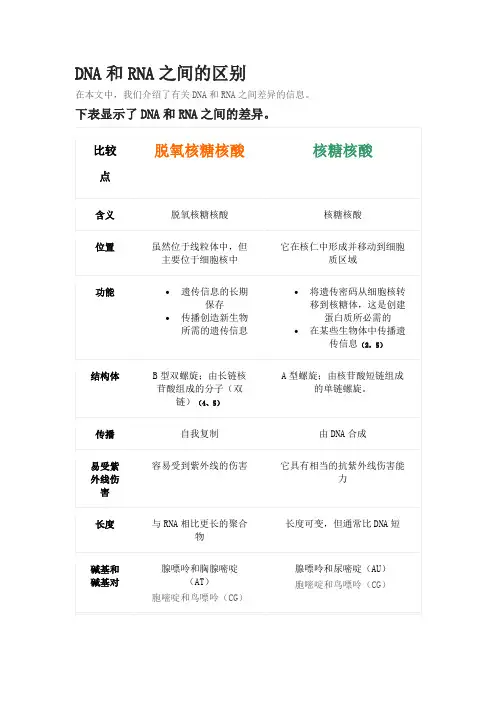 DNA和RNA之间的区别