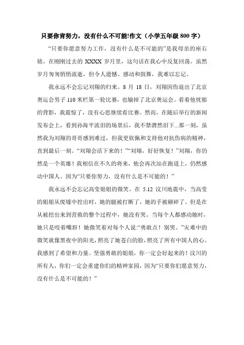 只要你肯努力,没有什么不可能!作文(小学五年级800字).doc