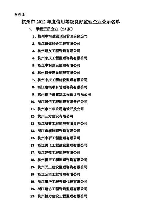 杭州市建设监理企业2012年度信用等级评价良好单位公示名单