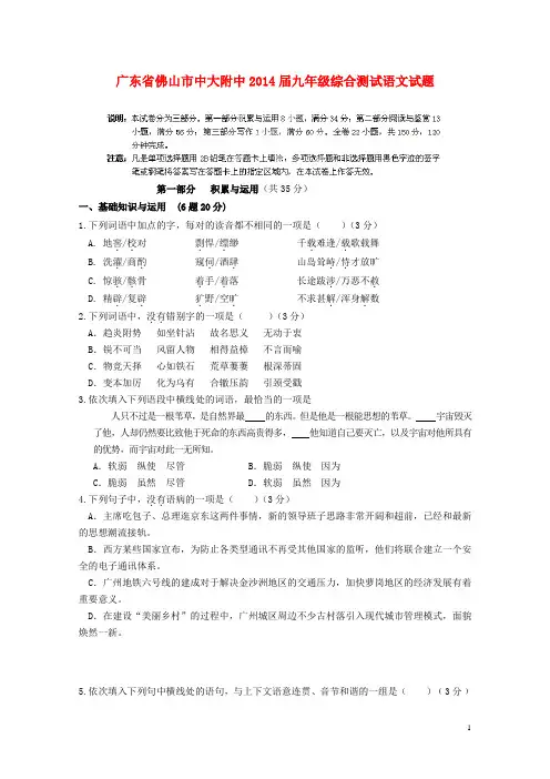 广东省佛山市中大附中2014届九年级综合测试语文试题