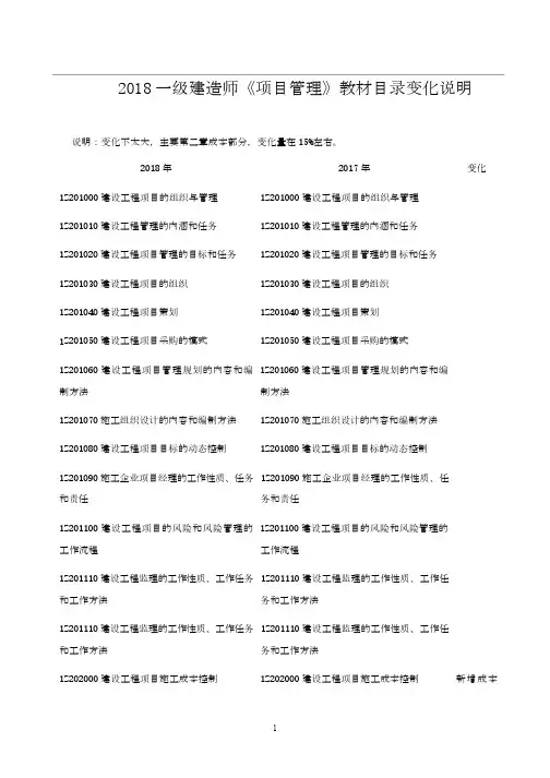 2018一级建造师《项目管理》教材目录变化说明