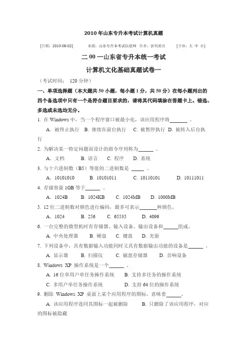 2010年山东专升本考试计算机真题