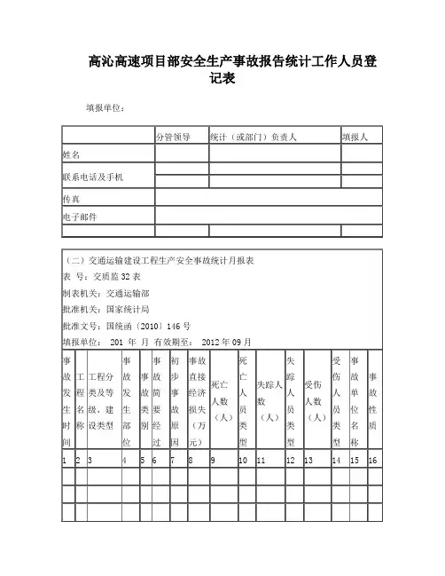 交通运输建设工程生产安全事故统计月报表
