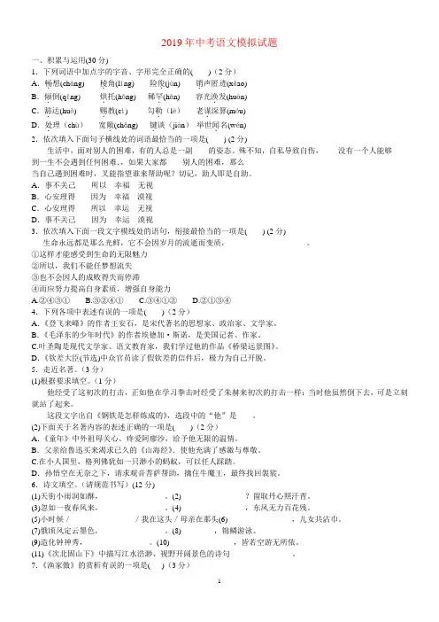 2019年中考语文模拟试题及答案