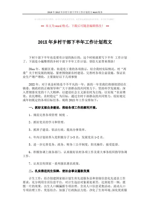 2019年201X年乡村干部下半年工作计划范文word版本 (2页)