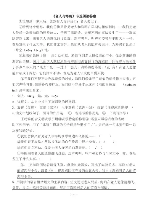 《老人与海鸥》课内阅读答案 2
