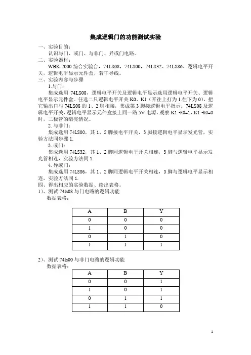 集成逻辑门的功能测试实验