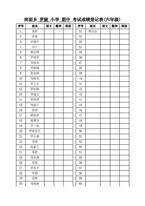 岗面乡 罗陂 小学 期中 考试成绩登记表