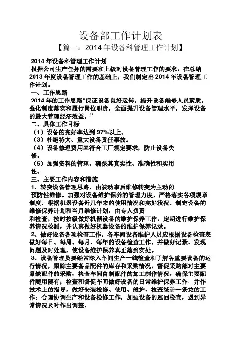 设备部工作计划表