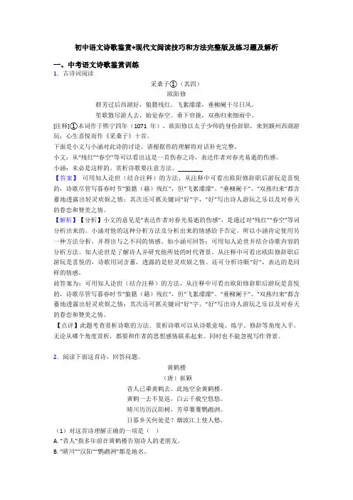 初中语文诗歌鉴赏+现代文阅读技巧和方法完整版及练习题及解析