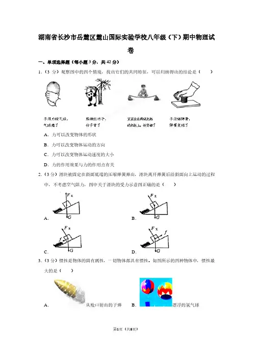 湖南省长沙市岳麓区麓山国际实验学校八年级(下)期中物理试卷